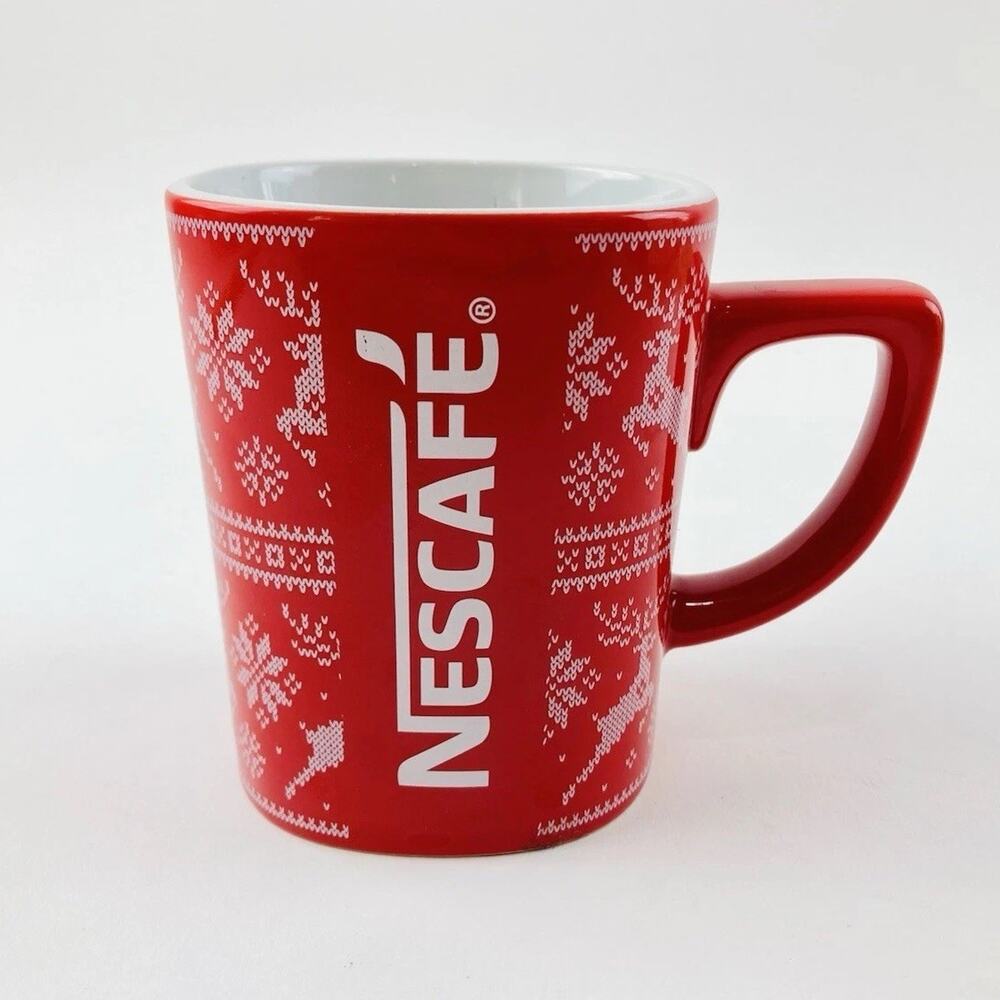 "Nescafe" Coffee Mug Red White Reindeer Sweater Pattern "Nestle" 11oz Christmas